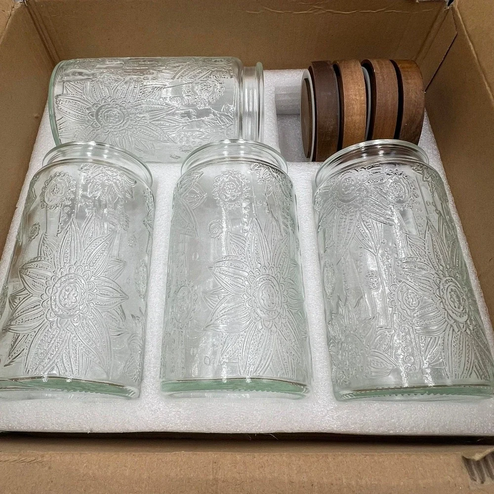 Brajttt Glass Canister Set 4pc 32oz Clear New Sunflower Embossed Wood Lids
